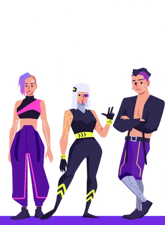 Des personnes avec des implants futuristes dans le cyberespace  Illustration