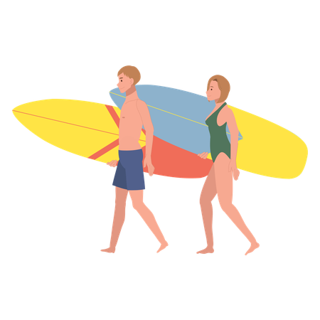 Personnes avec des planches de surf profitant de l'été  Illustration