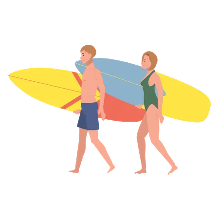 Personnes avec des planches de surf profitant de l'été  Illustration