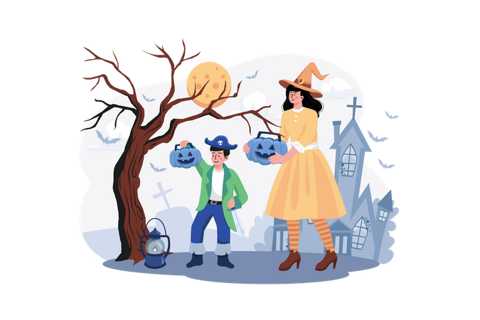 Gens célébrant Halloween  Illustration