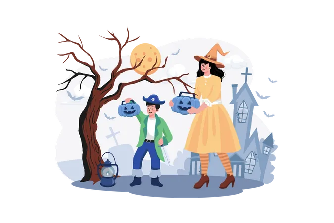 Gens célébrant Halloween  Illustration