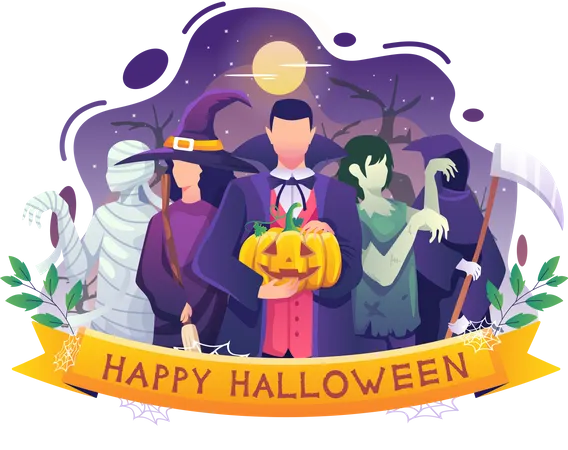 Les Gens En Costumes De Vampire Sorciere Maman Zombie Celebrent Lillustration Vectorielle D Halloween Illustration
