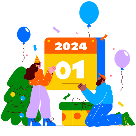 Personnes changeant l'ancien calendrier en calendrier du nouvel an 2024  Illustration