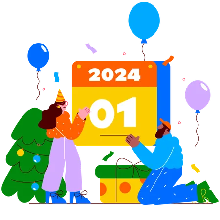 Personnes changeant l'ancien calendrier en calendrier du nouvel an 2024  Illustration