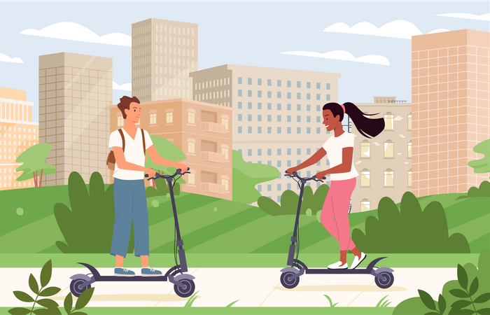 Personnes chevauchant un scooter électrique en ville  Illustration