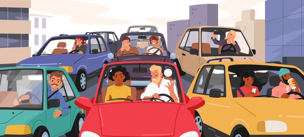 Des gens conduisent une voiture dans un embouteillage en ville en attendant un mouvement  Illustration