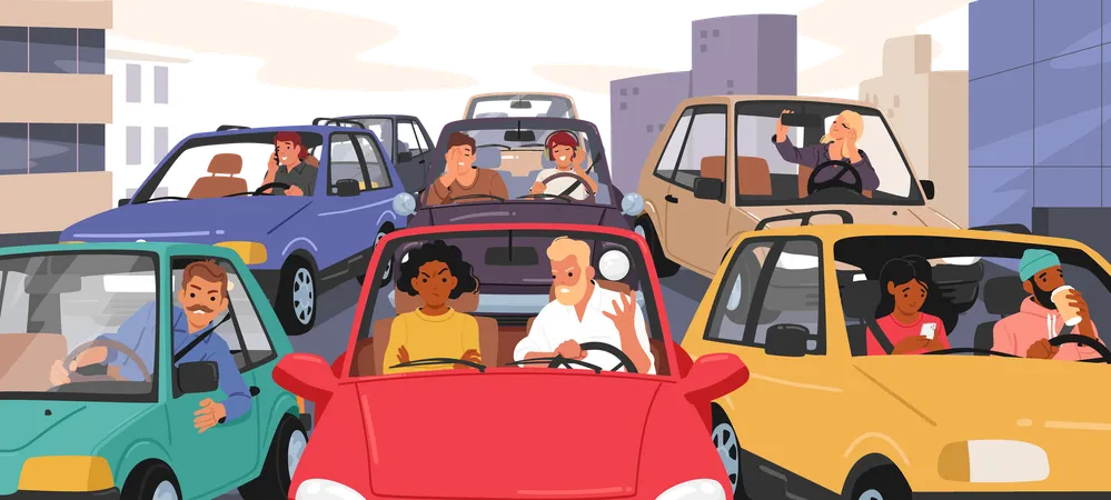Des gens conduisent une voiture dans un embouteillage en ville en attendant un mouvement  Illustration