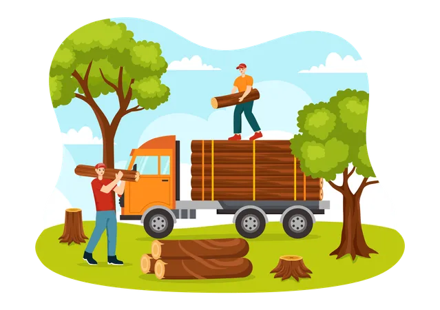 Personnes coupant des arbres et du bois avec un camion  Illustration