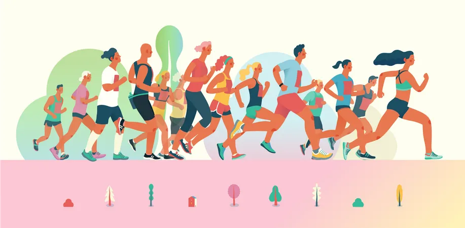 Personnes courant dans une course de marathon  Illustration