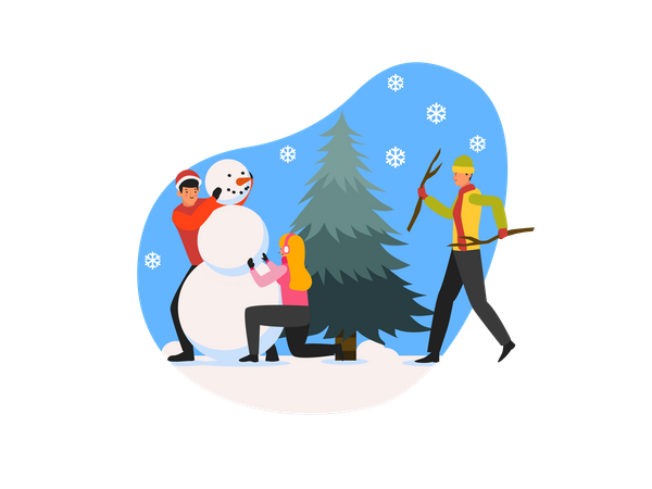 Personnes créant un bonhomme de neige  Illustration