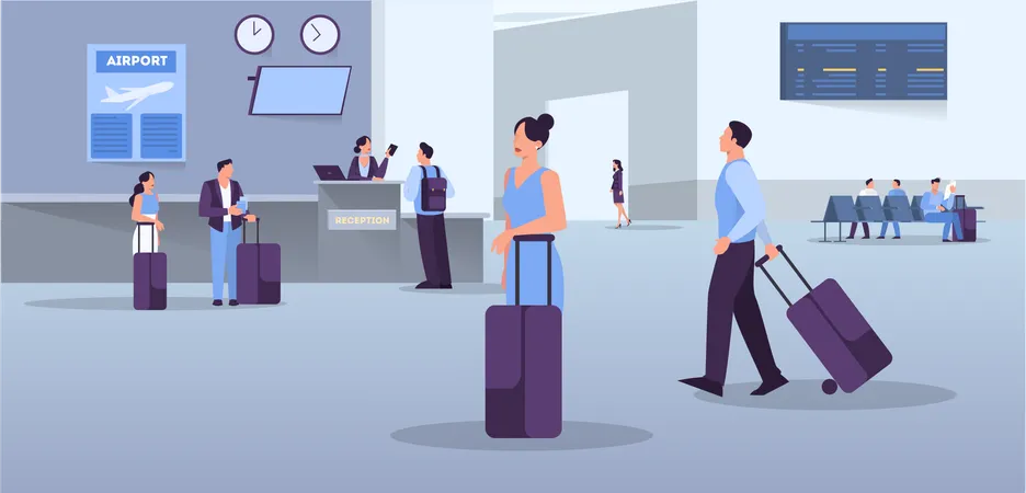 Personnes dans le concept de conception de bannière Web de l'aéroport.  Illustration