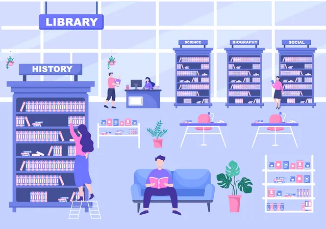 Les gens dans la bibliothèque  Illustration