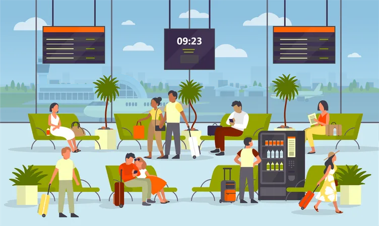 Personnes dans la zone d’attente de l’aéroport  Illustration