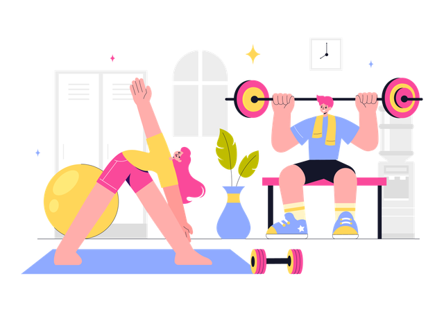 Des gens dans une salle de sport faisant de l'exercice  Illustration