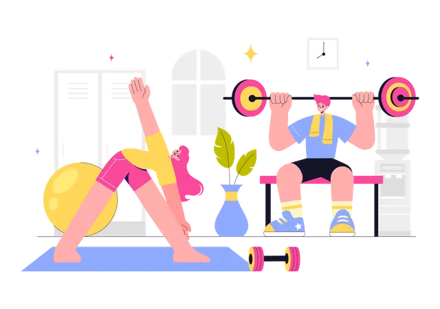 Des gens dans une salle de sport faisant de l'exercice  Illustration