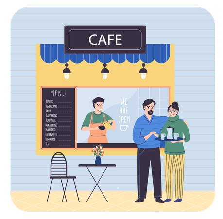 Des gens debout près d'un café  Illustration