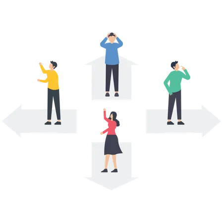 Personnes debout sur une flèche dans une direction différente  Illustration