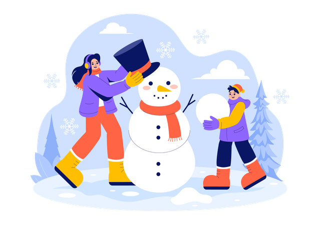 Gens décorant un bonhomme de neige  Illustration