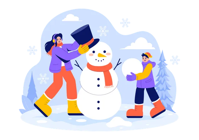 Gens décorant un bonhomme de neige  Illustration