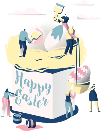 Personnes décorant des œufs sur un œuf de Pâques  Illustration