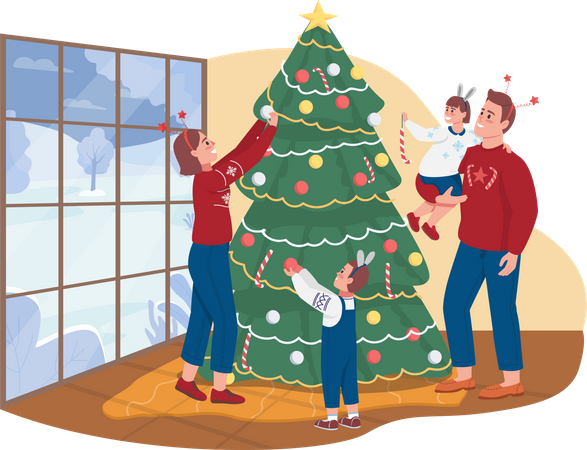 Personnes décorant l'arbre de Noël ensemble  Illustration