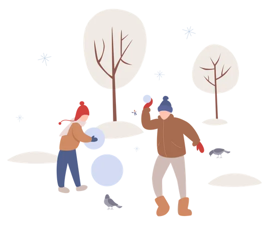 Gens décorant un bonhomme de neige  Illustration