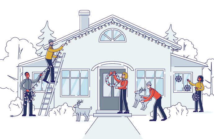 Gens décorant la maison à Noël  Illustration