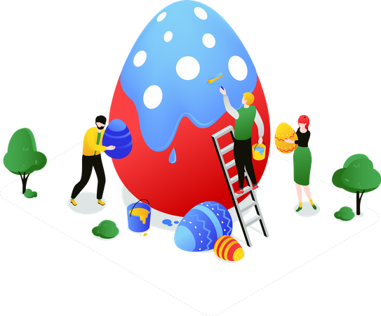 Personnes décorant un œuf de Pâques  Illustration