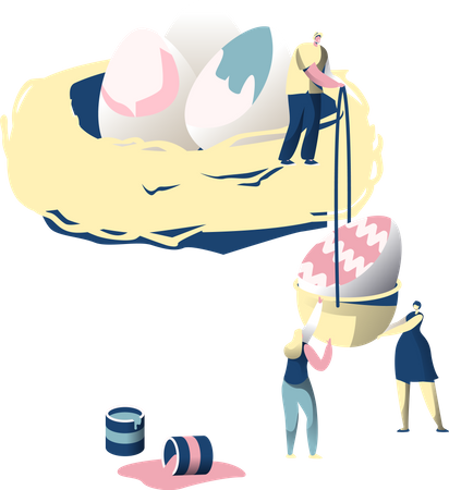Personnes décorant des œufs de Pâques  Illustration