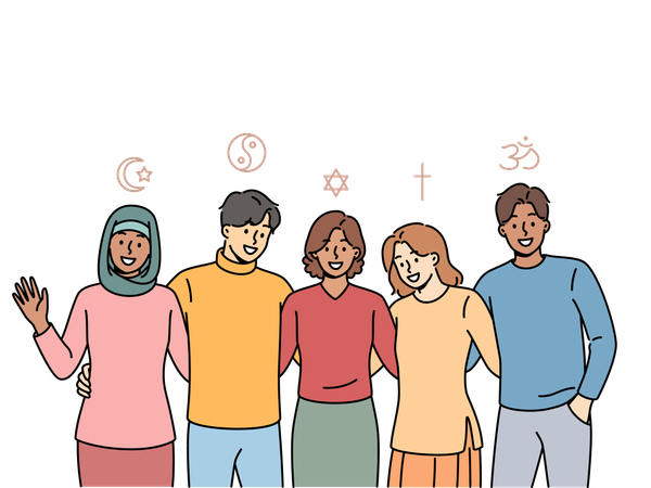 Les gens de différentes religions s'embrassent en ressentant l'unité et l'absence de désaccords dus aux différences de religion  Illustration