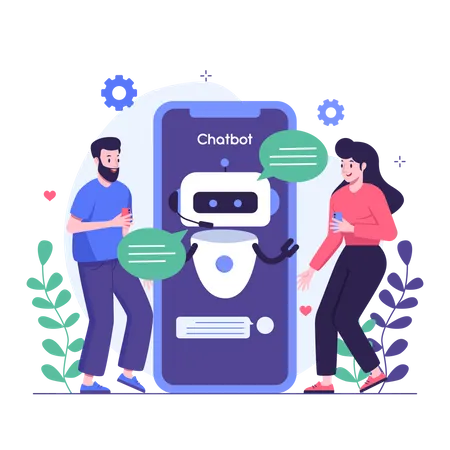 Personnes discutant avec un chatbot mobile  Illustration