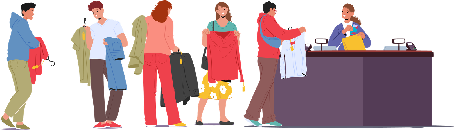 Diverses personnes achetant des vêtements faisant la queue à la caisse d'un magasin de mode  Illustration