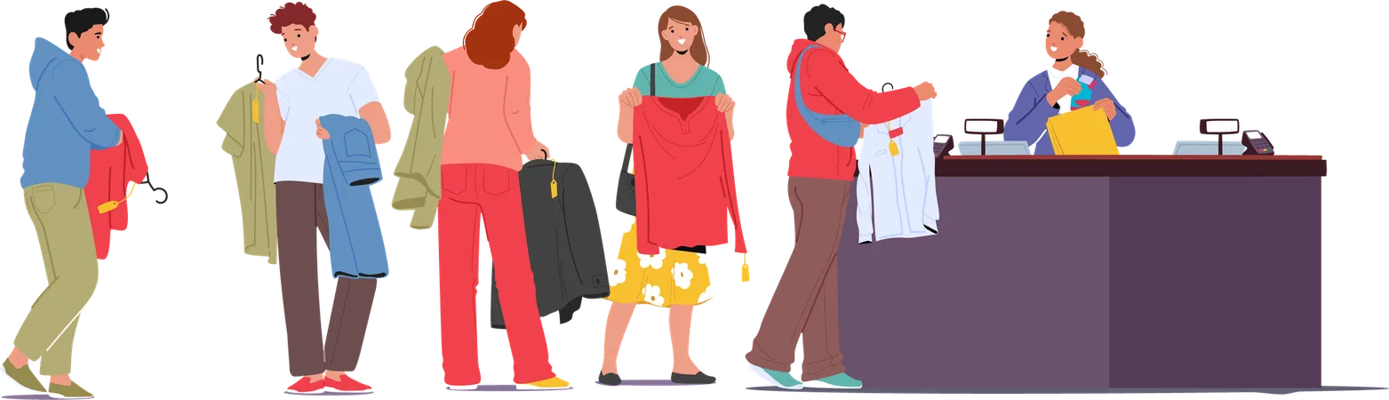 Diverses personnes achetant des vêtements faisant la queue à la caisse d'un magasin de mode  Illustration