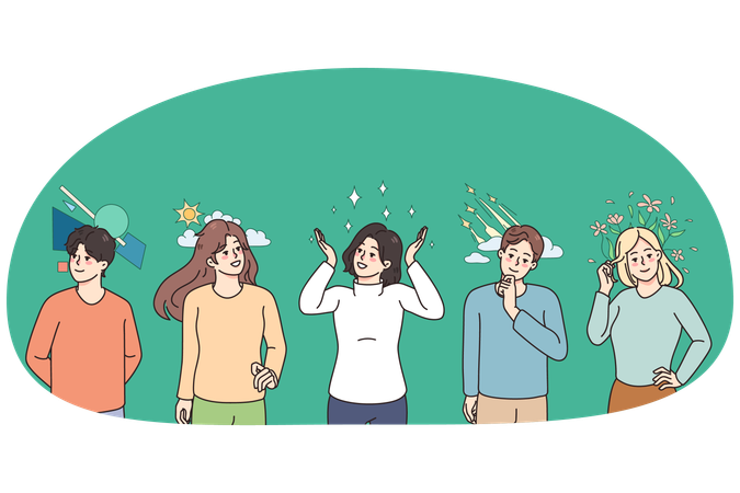 Des personnes diverses avec des pensées différentes en tête  Illustration