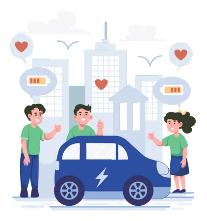 Personnes donnant leur avis sur une voiture électrique  Illustration