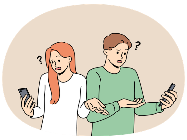 Les personnes embarrassées avec leur téléphone voient une erreur de connexion au Wi-Fi Internet ou la batterie morte du gadget haussent les épaules  Illustration