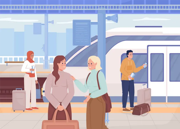 Les gens attendent à la gare  Illustration