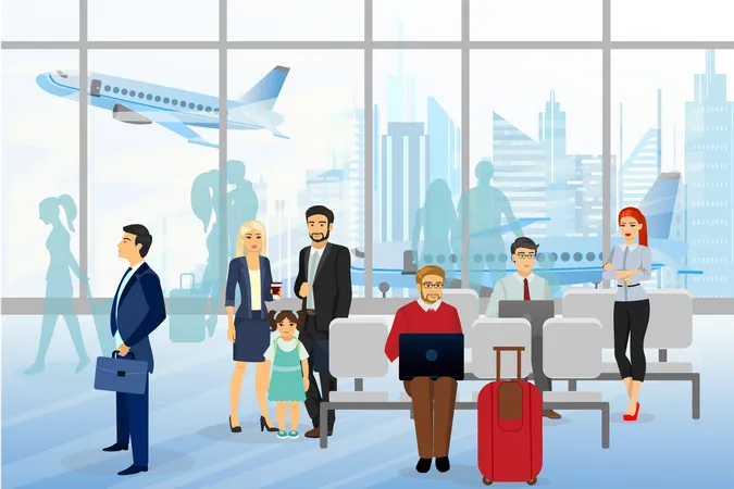 Personnes attendant l'embarquement dans l'avion  Illustration