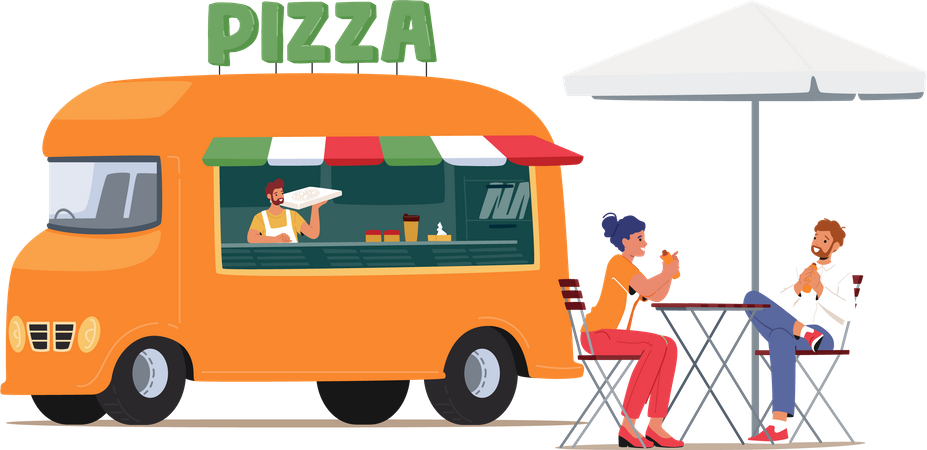 Personnes attendant une pizza à l'extérieur d'un camion à pizza  Illustration