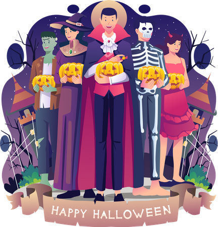 Les gens en costumes d'Halloween  Illustration