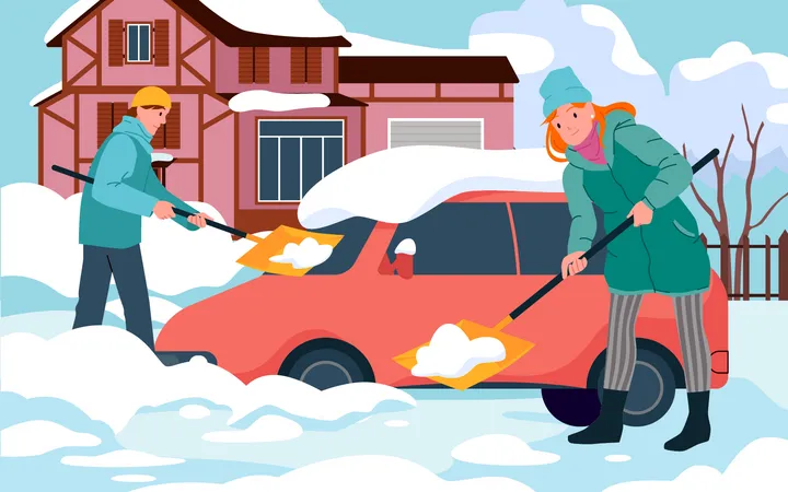 Les gens enlèvent la neige de la route  Illustration