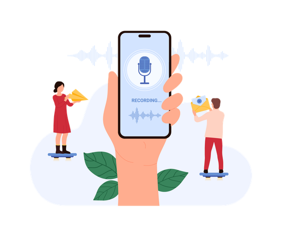 Des gens enregistrent un message vocal sur leur mobile  Illustration