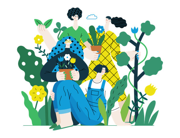 Personnes entourées de plantes et de fleurs  Illustration