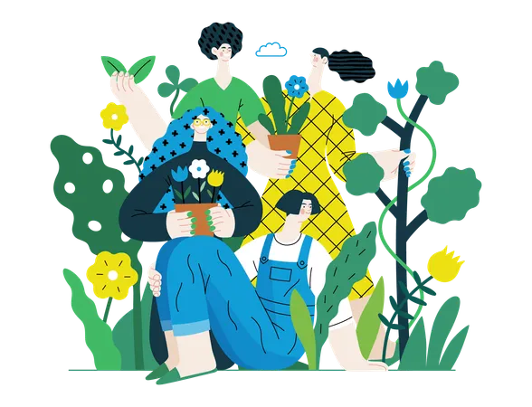 Personnes entourées de plantes et de fleurs  Illustration