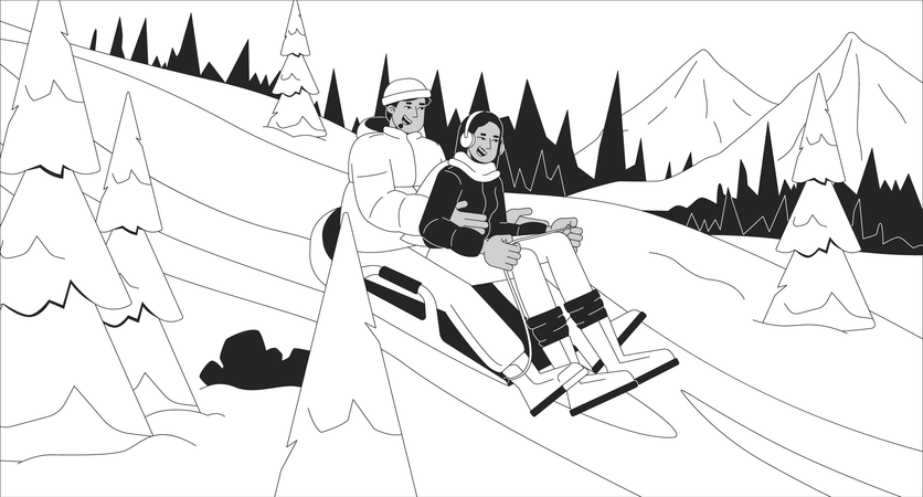 Des gens en traîneau sur une pente de montagne enneigée  Illustration