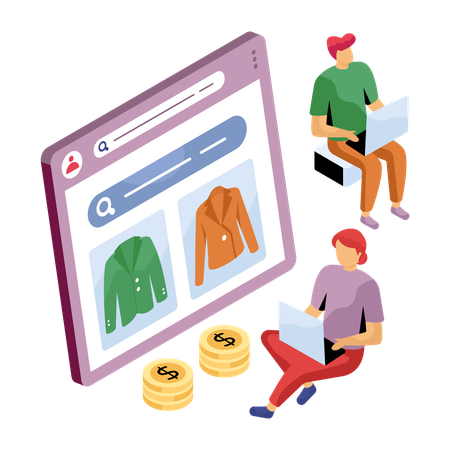 Les gens font des achats de vêtements en ligne  Illustration