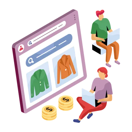 Les gens font des achats de vêtements en ligne  Illustration