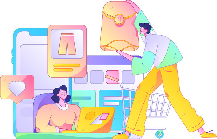 Les gens font des achats de vêtements en ligne  Illustration