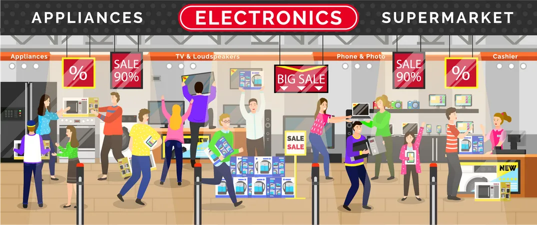 Les gens font des achats dans un magasin électronique  Illustration