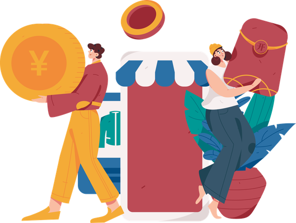 Personnes faisant des achats sur mobile  Illustration